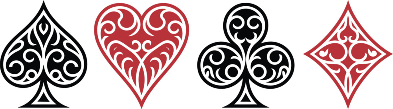 Poker card, suit icon set, ornate hearts clubs diamonds and spades for casino games playing cards tournaments and gaming applications