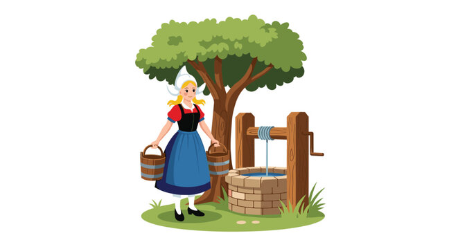 Young girl in traditional Dutch clothing carrying two wooden buckets of water next to a stone well under a tree.