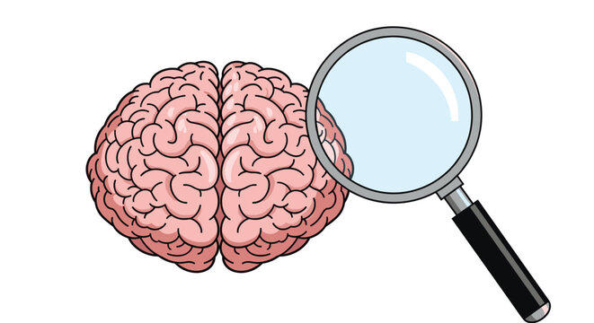 Scientific illustration of a human brain viewed from above with a magnifying glass focusing on the left hemisphere.