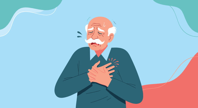 Concerned elderly man clutching his chest in pain suggesting a heart attack or medical emergency against blue background.