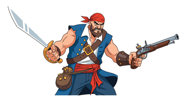 Fierce pirate captain character dressed in a blue coat and red bandana holding a sharp cutlass and an old flintlock pistol.