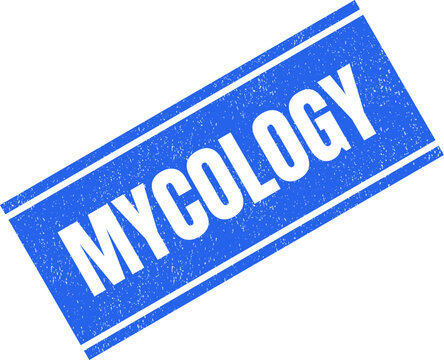 A blue rubber stamp with the word mycology written on it for science and study