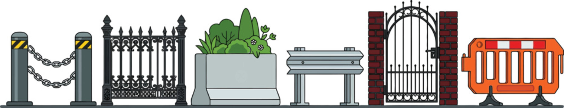 A comprehensive set of urban and road safety barriers featuring chain stanchions decorative fences concrete planters guardrails and construction roadblocks presented in a modern flat vector style