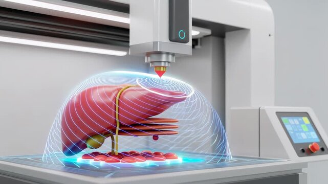 Bioprinter creating human liver model using bioink. Futuristic medical technology for organ tissue engineering and regenerative medicine research development.