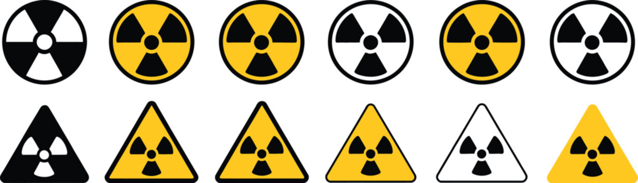 Radiation, hazard icon set, radioactive material warning signs and nuclear caution symbols for workplace safety and compliance training