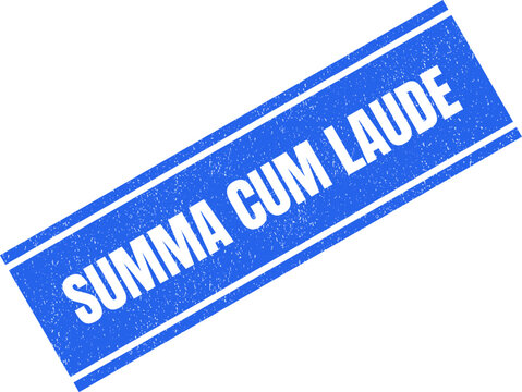 A bright blue rectangular stamp with the white words Summa Cum Laude on a surface