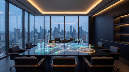 Fototapeta premium Modern boardroom at dusk with holographic energy grid showing wind turbines power lines and hydrogen storage on table overlooking city skyline for smart energy infrastructure concept