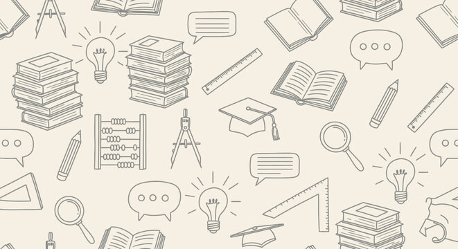 Educational icons and school supplies are scattered on a table indoors.