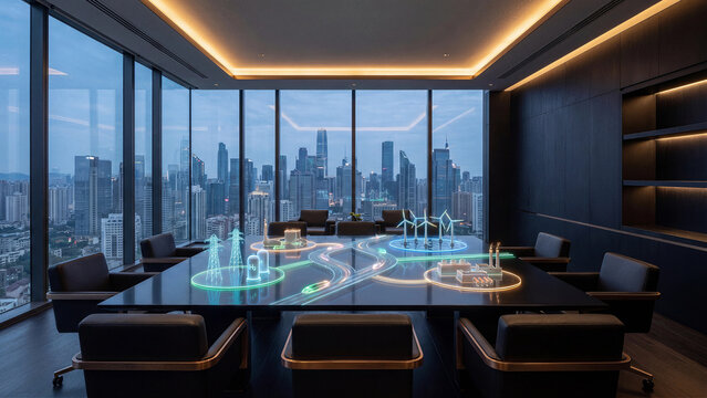 Modern boardroom at dusk with holographic energy grid showing wind turbines power lines and hydrogen storage on table overlooking city skyline for smart energy infrastructure concept