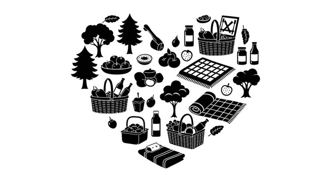 A heart-shaped arrangement of picnic baskets, food, bottles, trees, and blankets in a park setting with various items.