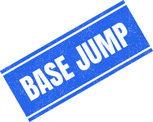 A vibrant blue rectangle rubber stamp showing the bold words base jump for extreme sports © MDABDUS