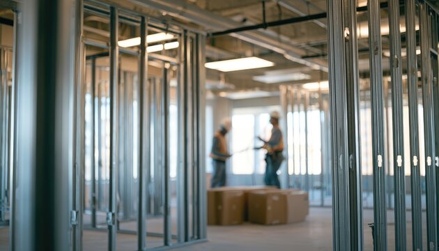 Unfinished interior space with workers and materials, metal studs
