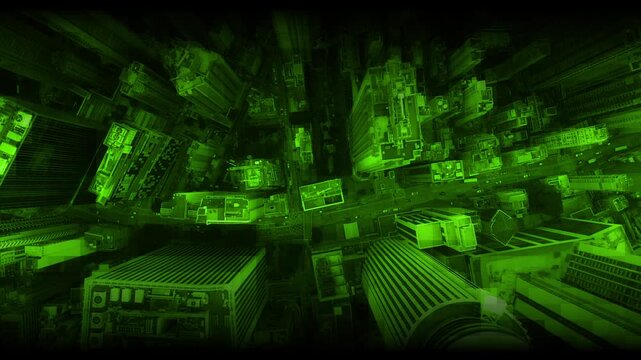Night drone view over city skyline, green infrared filter bathes dense highrises in eerie glow, illuminated street grid and streaking traffic visible below, sensor overlay hints at clandestine