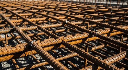 Obraz premium Close-up of rusty steel rebar grid on construction site