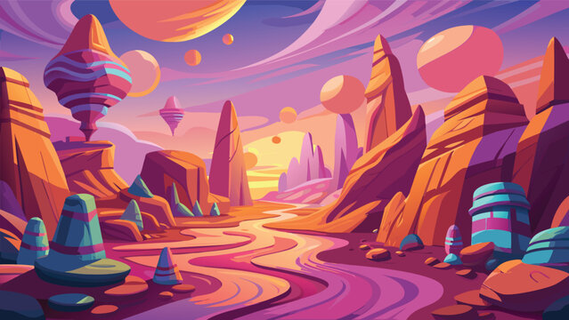 Alien landscape with vibrant planets and towering rock formations during sunset in a flat design vector illustration