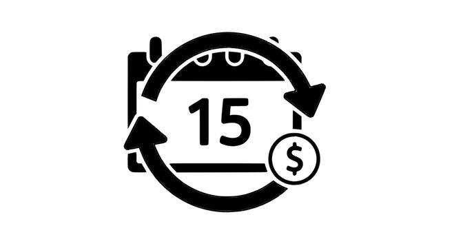 A modern vector graphic illustrating a fifteen-minute money-saving or time-tracking concept with circular arrows and dollar sign.