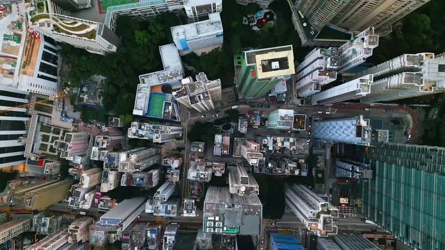 Central city buildings capped with vibrant cultivated gardens and expansive outdoor terraces. Aerial view of dense rooftops. Greenery pockets interrupting concrete matrix anf urban gardener survey