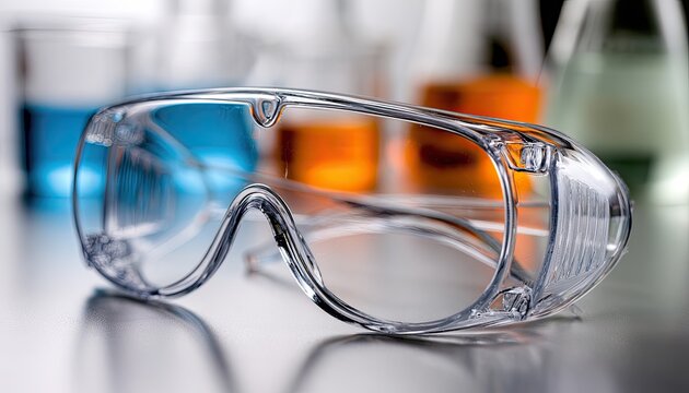 Clear safety glasses in focus, with blurred lab beakers and colorful liquids in background