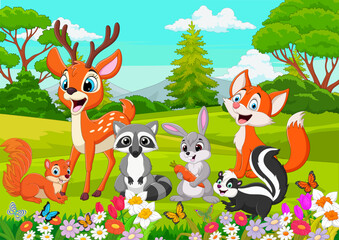 Naklejka premium Cute Forest Animals with Deer Rabbit and Squirrel Cartoon Illustration