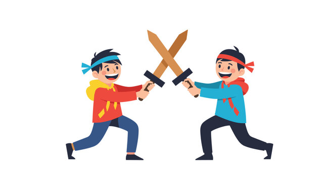 Two energetic young boys engaged in a playful wooden sword fight wearing headbands and colorful hoodies for outdoor fun.