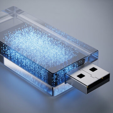 Clear plastic flash drive memory stick showing illuminated internal blue binary parts