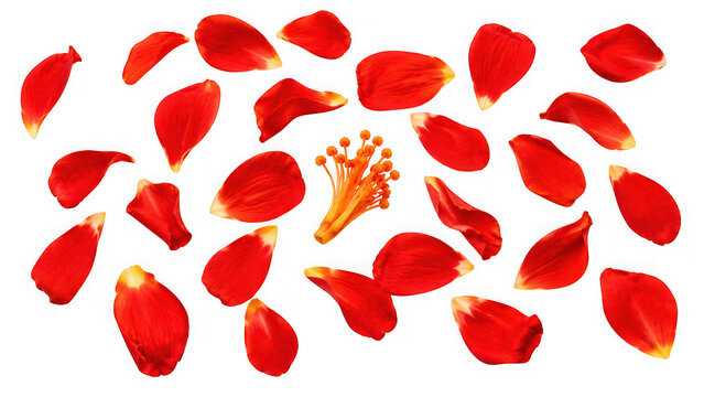 Scattered red flower petals and central stamen as PNG element isolated on transparent background
