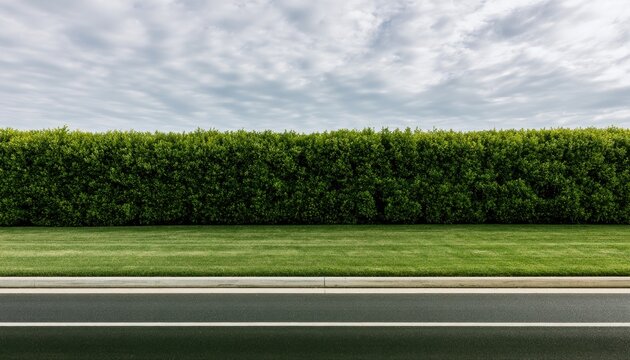 Green hedge separates manicured lawn from asphalt road under cloudy sky