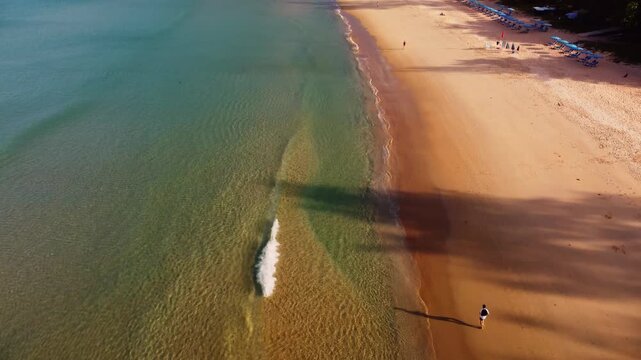 Aerial phuket resort coastline hotels lining shore and gentle surf with palm fringe and sunlit sand. Visitors are strolling feeling vacation energy and travel destination appeal filmed by drone