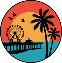 Santa Monica Pier badge, vintage beach sunset emblem with palm trees and ferris wheel for West Coast tourism themes © Mr. Kha