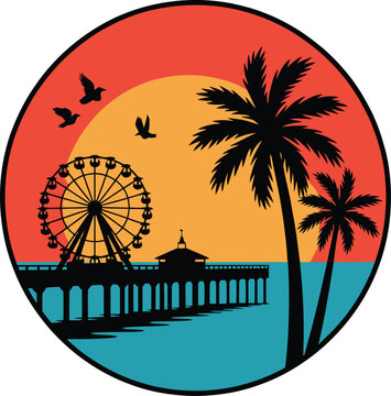 Santa Monica Pier badge, vintage beach sunset emblem with palm trees and ferris wheel for West Coast tourism themes
