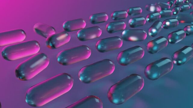 Glowing abstract capsules floating in a futuristic pink and blue gradient