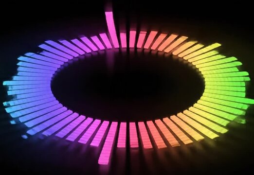 Circular rainbow colored equalizer bars glowing brightly against a black background, representing sound waves or music visualization, abstract, circular, rainbow, colored, equalizer, bars, glowing