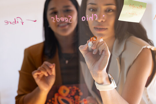 African American women writing on glass whiteboard in office with orange-tipped marker, pink text