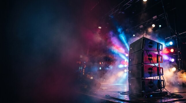 Concert stage with stacked speakers and colorful stage lighting with smoke effects