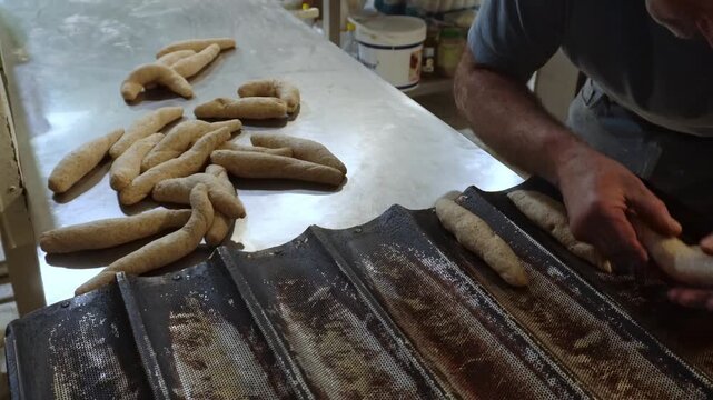 Male baker's hands skillfully kneading and shaping raw dough. He is preparing individual rolls and placing them on a special baking sheet
