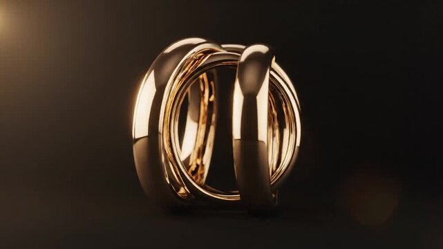 A complex, interwoven structure of polished golden rings is presented against a dark, subtly lit background, with a warm light source casting highlights and reflections on the metallic surfaces