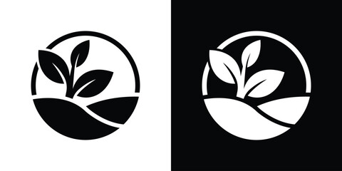 Obraz premium Abstract plant sprout growing on a rolling hill terrain inside a circular badge icon frame.