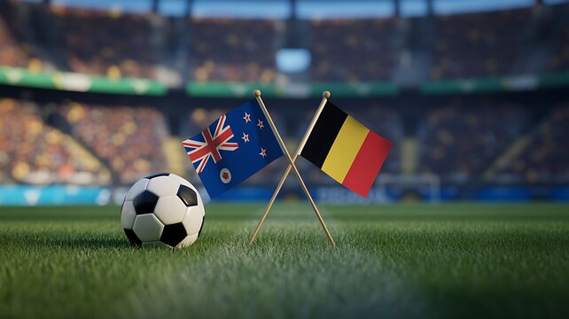 Soccer ball on field with New Zealand and Belgium flags representing an international football championship