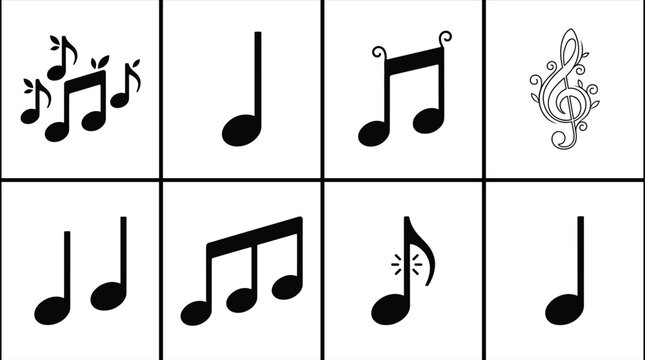 Set of creative music note icons and treble clef symbols representing melody harmony song composition education and audio vectors
