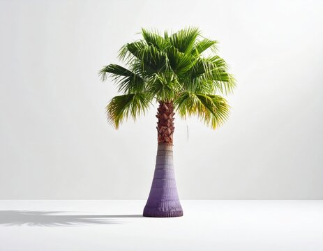 Single palm tree with textured trunk against a white backdrop