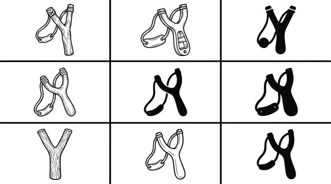 Set of hand catapult and slingshot icons representing traditional wooden hunting weapons outdoor sport targeting equipment and aiming vectors
