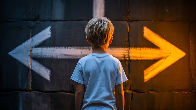 Child standing between opposite directional arrows symbolizing choice decision and life path concept