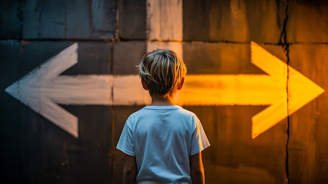 Child standing between opposite directional arrows symbolizing choice decision and life path concept
