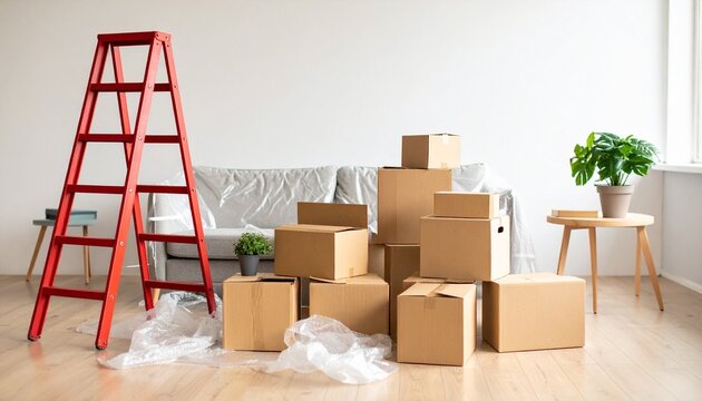 Cardboard boxes stacked room red ladder sofa plant