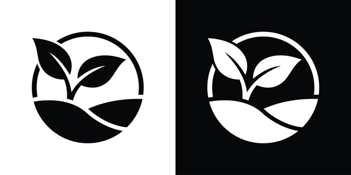 Abstract plant sprout growing on a rolling hill terrain inside a circular badge icon frame.