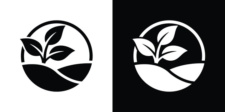 Abstract plant sprout growing on a rolling hill terrain inside a circular badge icon frame.