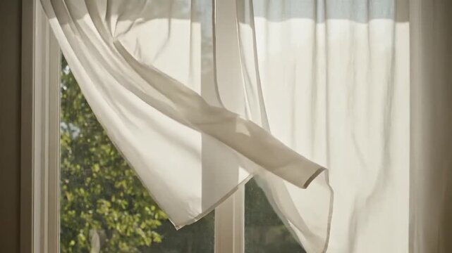 Sheer White Curtains Gently Billowing and Moving in a Soft Sunlight Breeze Near a Window Casting Subtle Shadows and Creating a Peaceful and Airy Atmosphere with a Glimpse of Greenery Outside