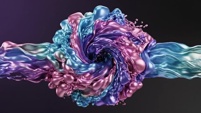An abstract swirling explosion of liquid metallic fluid in vibrant iridescent colors of pink, purple, and teal, creating dynamic fluid motion and a sense of energetic movement against a dark