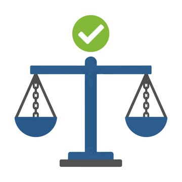 Law scale icon with a central checkmark symbol representing legal compliance and justice, minimal flat design concept