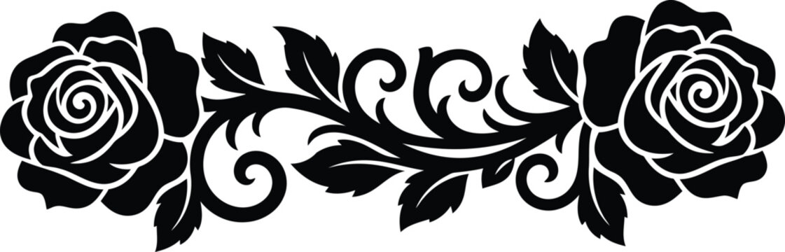 Black rose flower border with decorative vine leaves